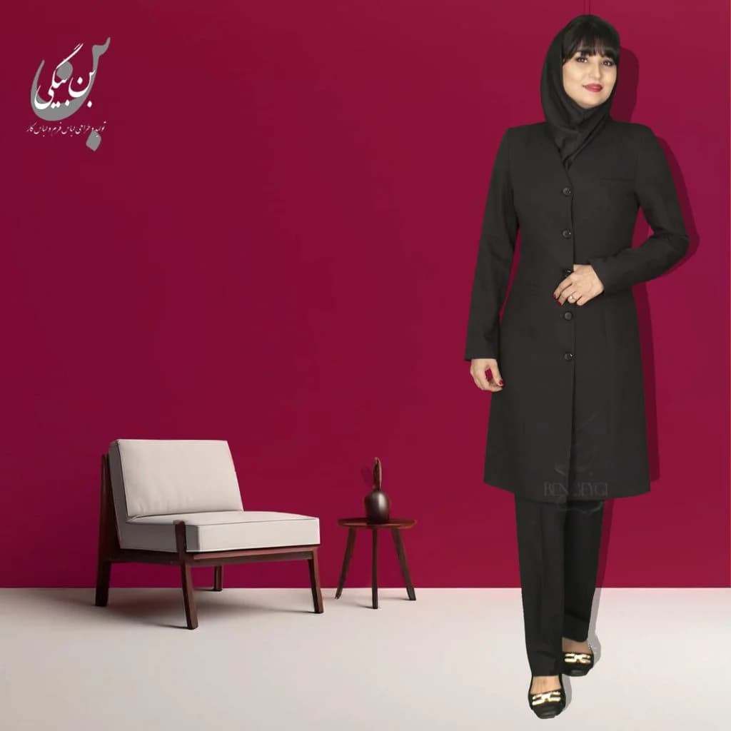 مانتو شلوار اداری مشکی پارچه فیونا پنج دکمه یقه هفت مغزی دوزی کد 33466 — تصویر ۳