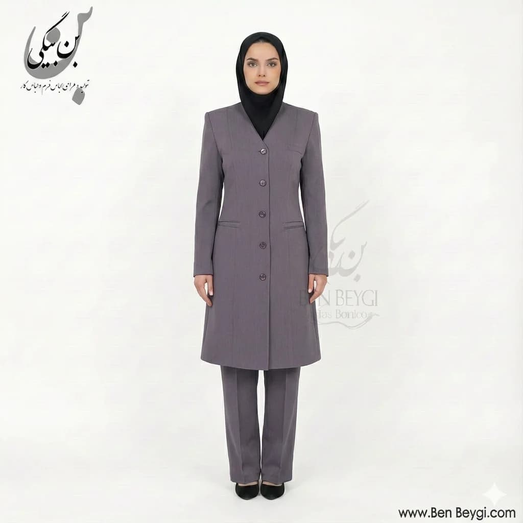 مانتو شلوار اداری طوسی پنج دکمه یقه هفت مغزی دوزی پارچه فیونا کد 33454 — تصویر ۷
