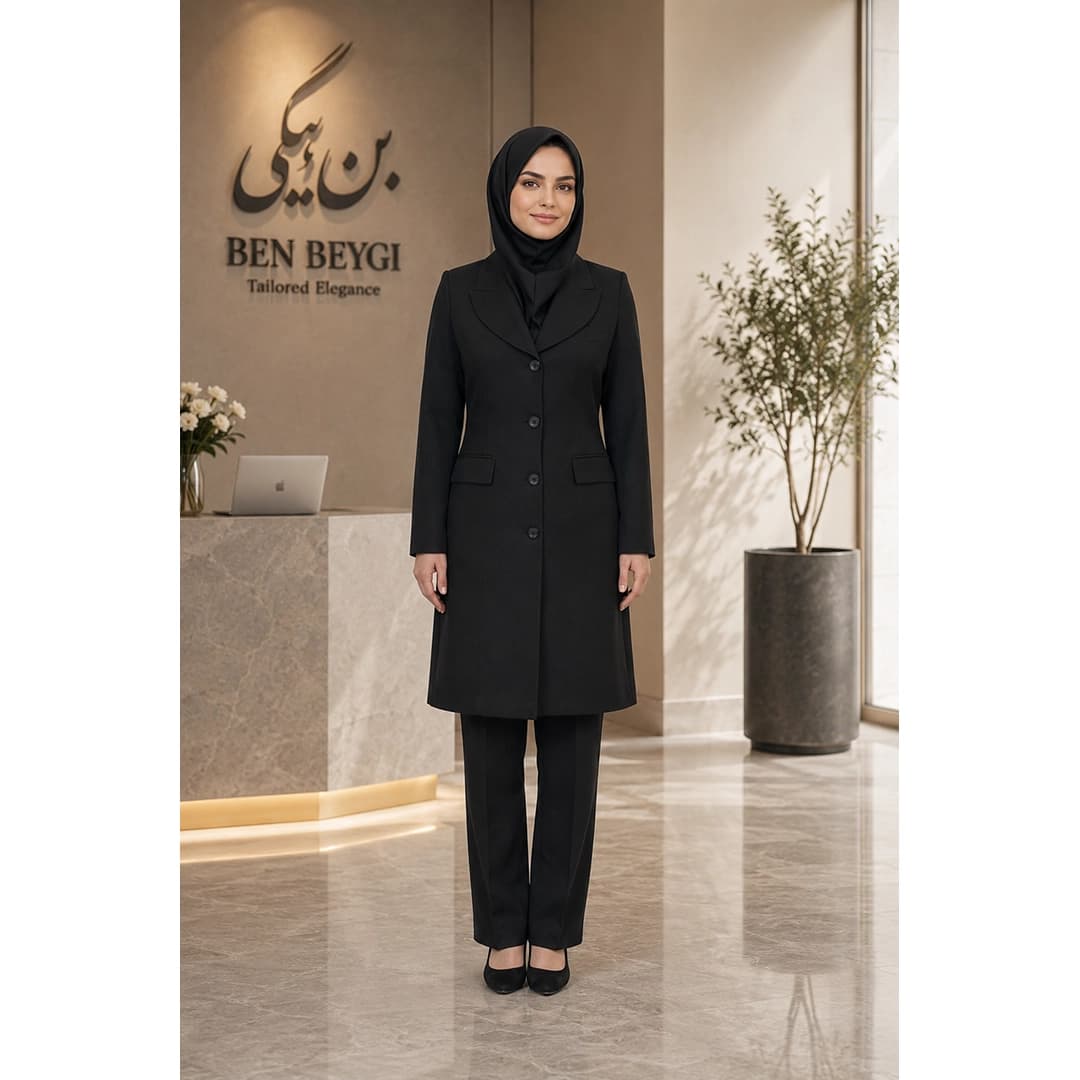 مانتو شلوار اداری مشکی چهار دکمه یقه بلیزر پارچه فیونا کد 33442
