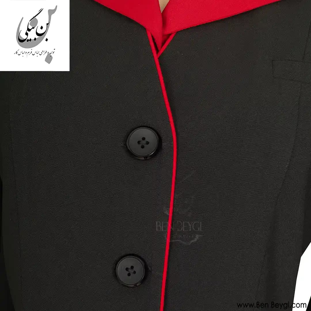 مانتو شلوار اداری مشکی خرج کار قرمز یقه انگلیسی پارچه بزیاق کد 35061 — تصویر ۵