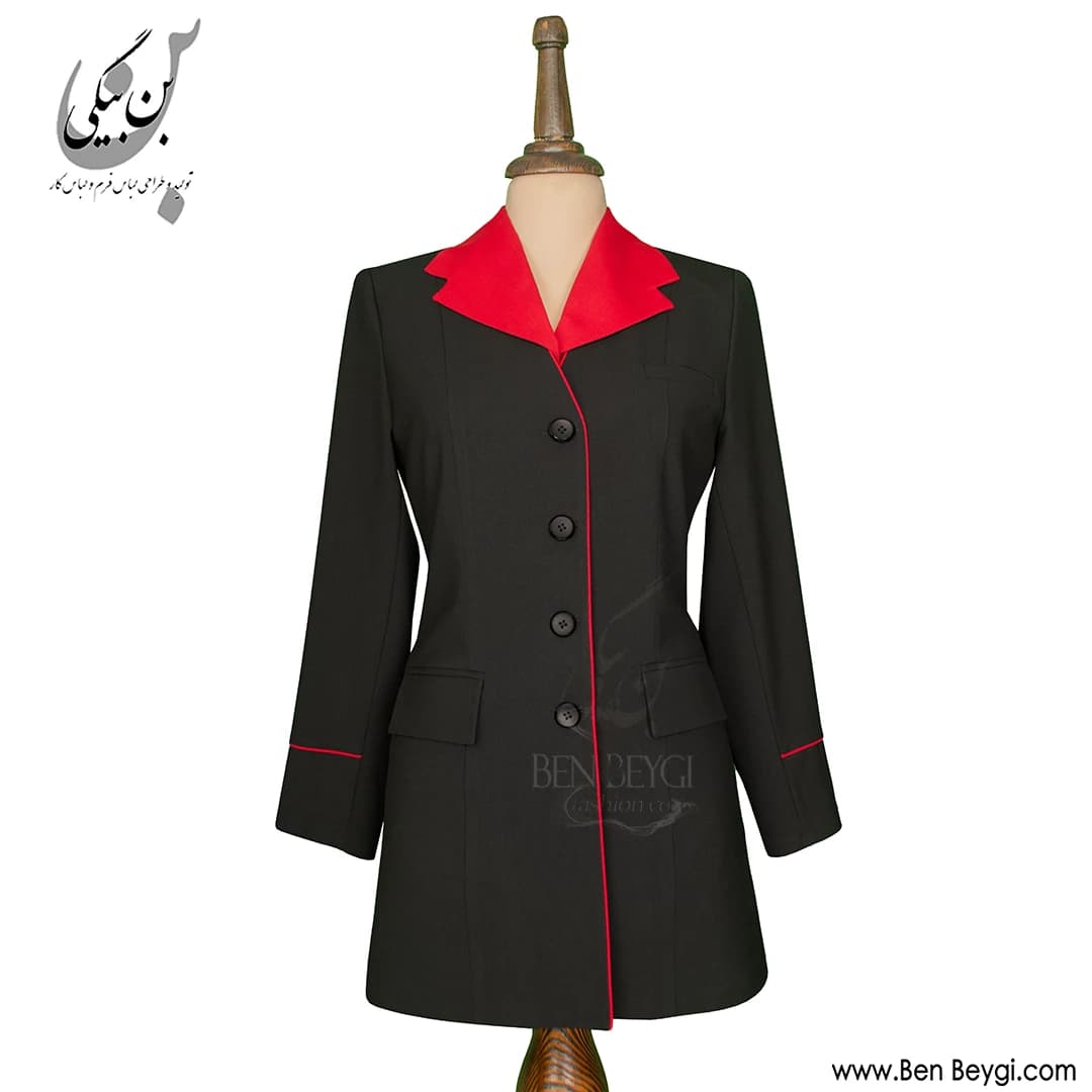 مانتو شلوار اداری مشکی خرج کار قرمز یقه انگلیسی پارچه بزیاق کد 35061