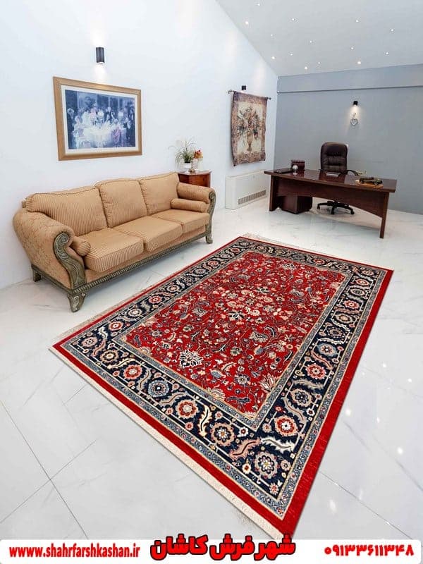 فرش دستباف افشان کاشان زمینه لاکی با پشم طبیعی