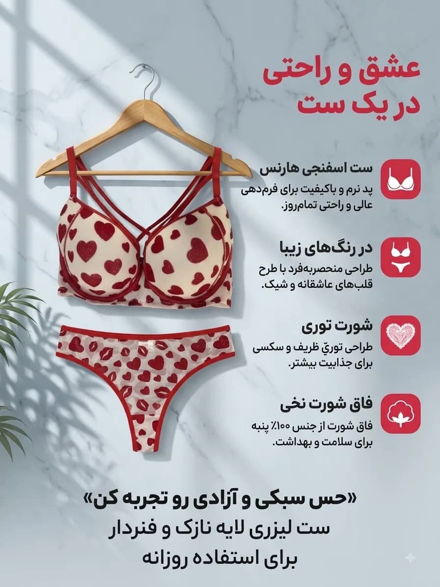 ست شورت و سوتین اسفنجی هارنس طرح قلب — تصویر ۳
