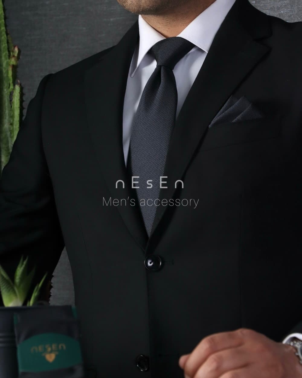 کراوات و دستمال جیب مردانه NESEN | طوسی زغالی آکسفورد (ساده) S54