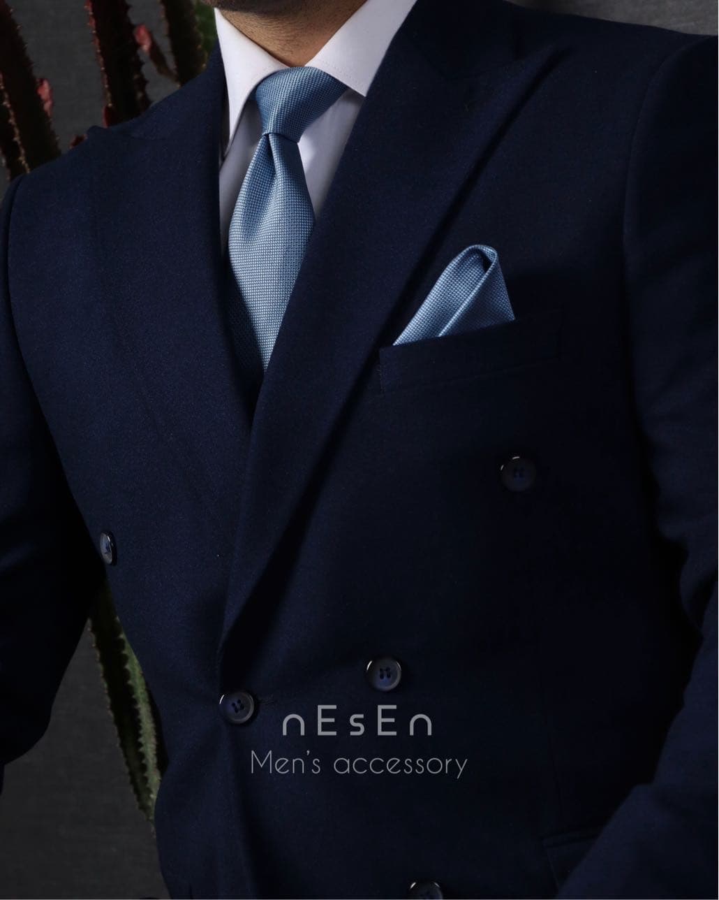ست کراوات و دستمال جیب مردانه NESEN | آبی ساده (جودون) S50