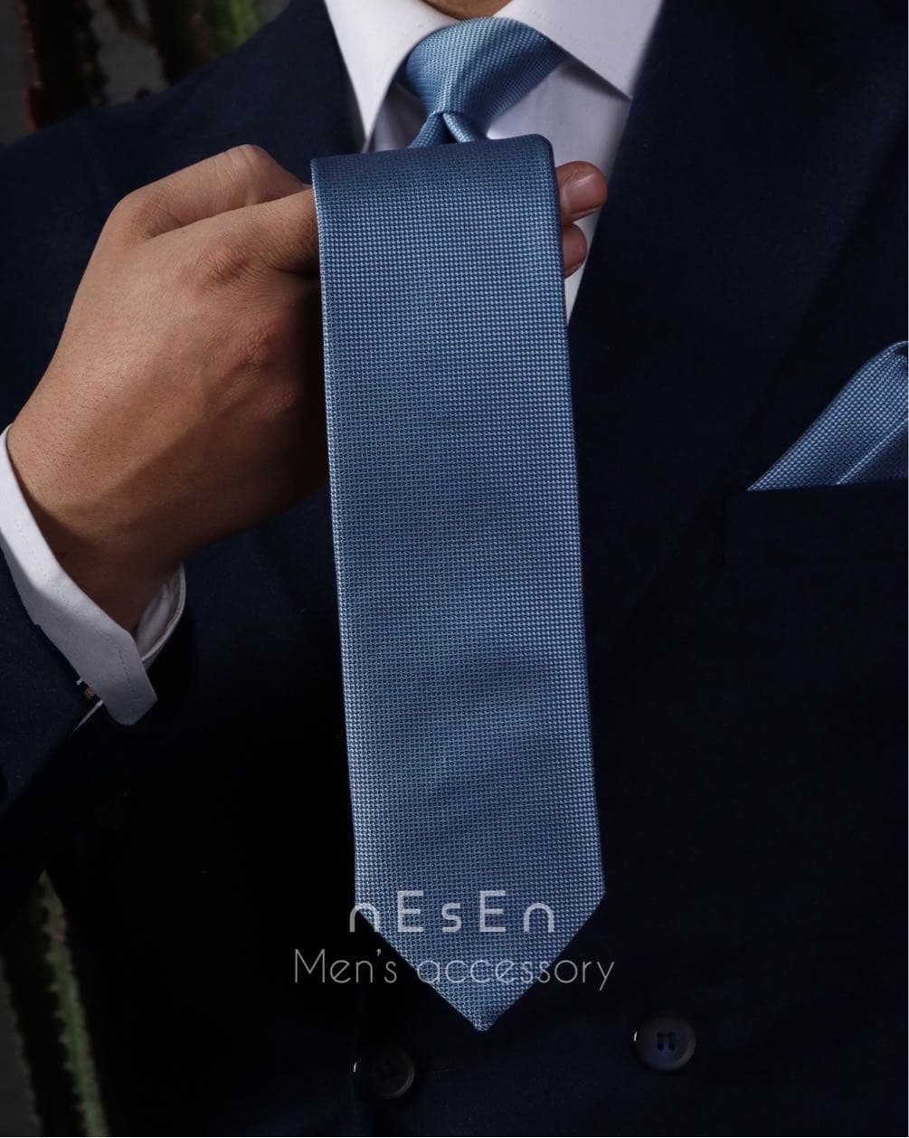 ست کراوات و دستمال جیب مردانه NESEN | آبی ساده (جودون) S50 — تصویر ۲