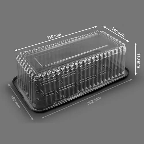 ظرف کیک رولتی بزرگ PET با درب شفاف و زیره مشکی – ابعاد 310×145×110 میلی‌متر | کارتن 75 عددی | پخش پامچال مشهد (فروش تکی و عمده) — تصویر ۳