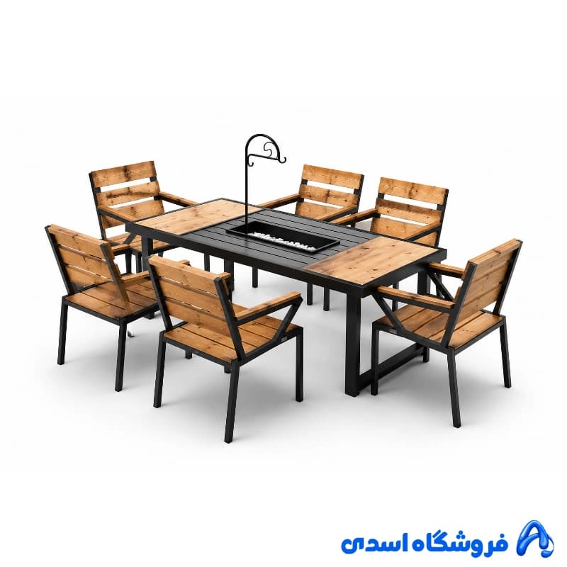 مبلمان باغی 6 نفره با آتشدان مستطیل مدل فروزان