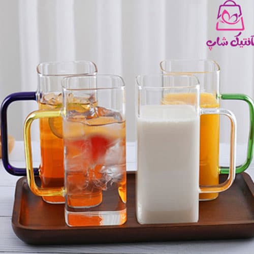 لیوان پیرکس مربع دسته رنگی — تصویر ۲