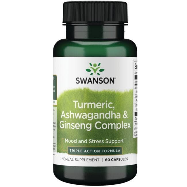 کپسول کمپلکس زردچوبه و آشواگاندا و و جینسینگ سوانسون بسته 60 عددی (Swanson Premium Turmeric & Ashwagandha & Ginseng Complex 60 Capsules)