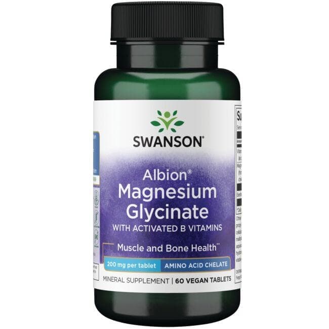 قرص گیاهی آلبیون منیزیم گلیسینات با ویتامین ب 200 میلی گرم سوانسون بسته 60 عددی (Swanson Ultra Albion Magnesium Glycinate with Activated B Vitamins 200 mg 60 Vegan Tablets)