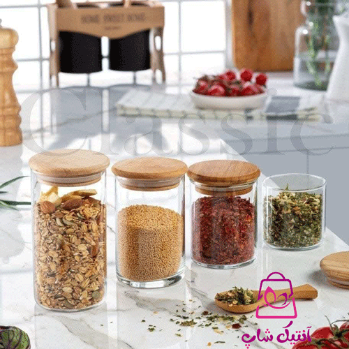 بانکه ادویه درب بامبو شیشه ای