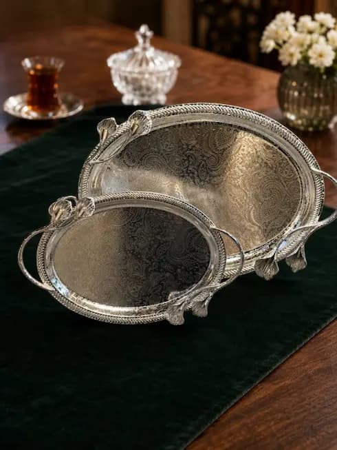 سینی پذیرایی استیل طرح دار وارداتی در 2 سایز — تصویر ۳