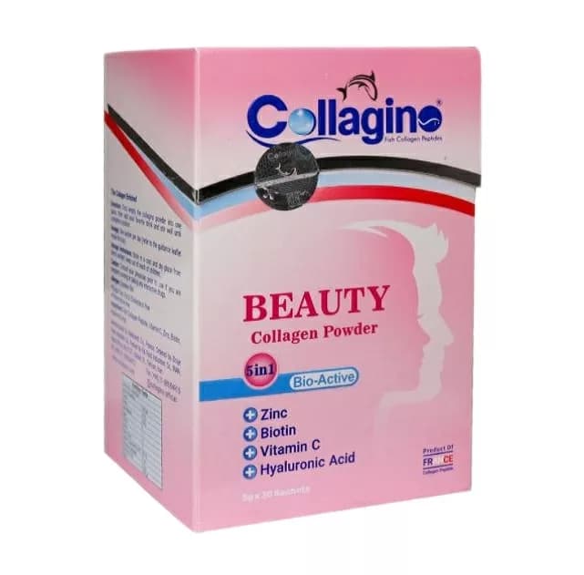 پودر کلاژن تقویتکننده پوست، مو و ناخن کلاژینو بیوتی مدل Beauty حاوی کلاژن پپتاید ماهی، ویتامین سی، زینک، بیوتین و هیالورونیک اسید، مکمل 5 در 1 ضدپیری و آنتیاکسیدان ساخت فرانسه، بسته 30 عددی — تصویر ۲
