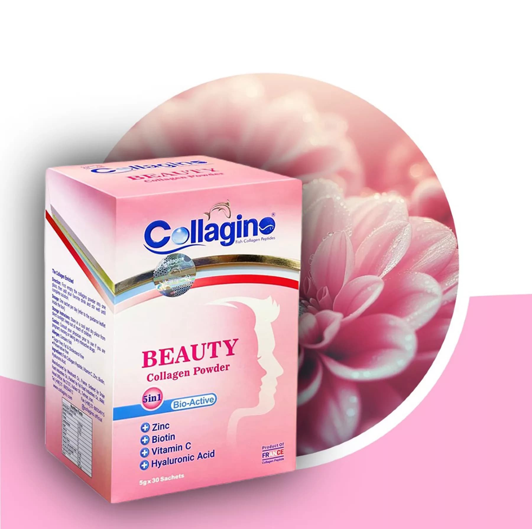 پودر کلاژن تقویتکننده پوست، مو و ناخن کلاژینو بیوتی مدل Beauty حاوی کلاژن پپتاید ماهی، ویتامین سی، زینک، بیوتین و هیالورونیک اسید، مکمل 5 در 1 ضدپیری و آنتیاکسیدان ساخت فرانسه، بسته 30 عددی — تصویر ۸