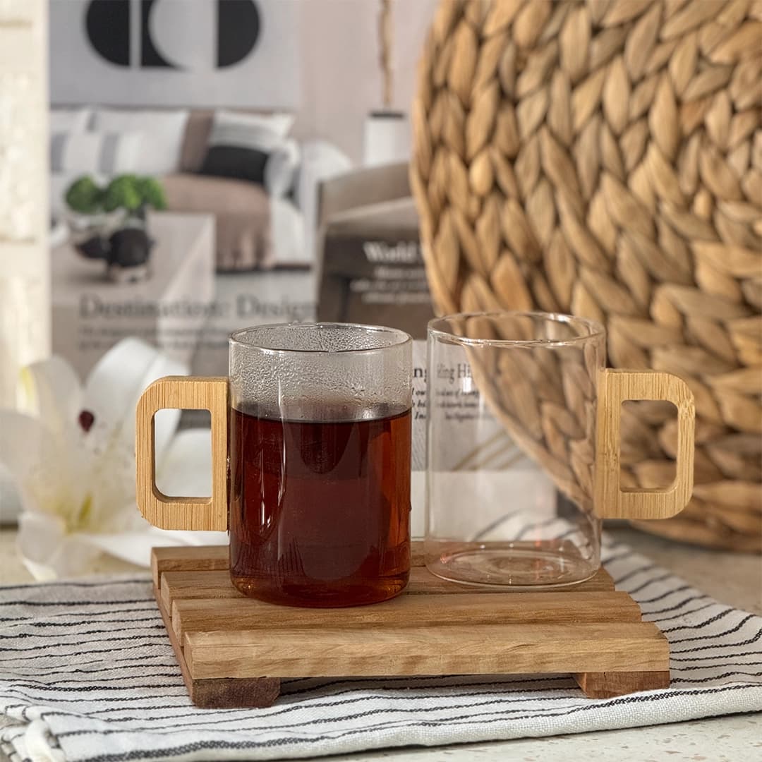 لیوان پیرکس دسته بامبو