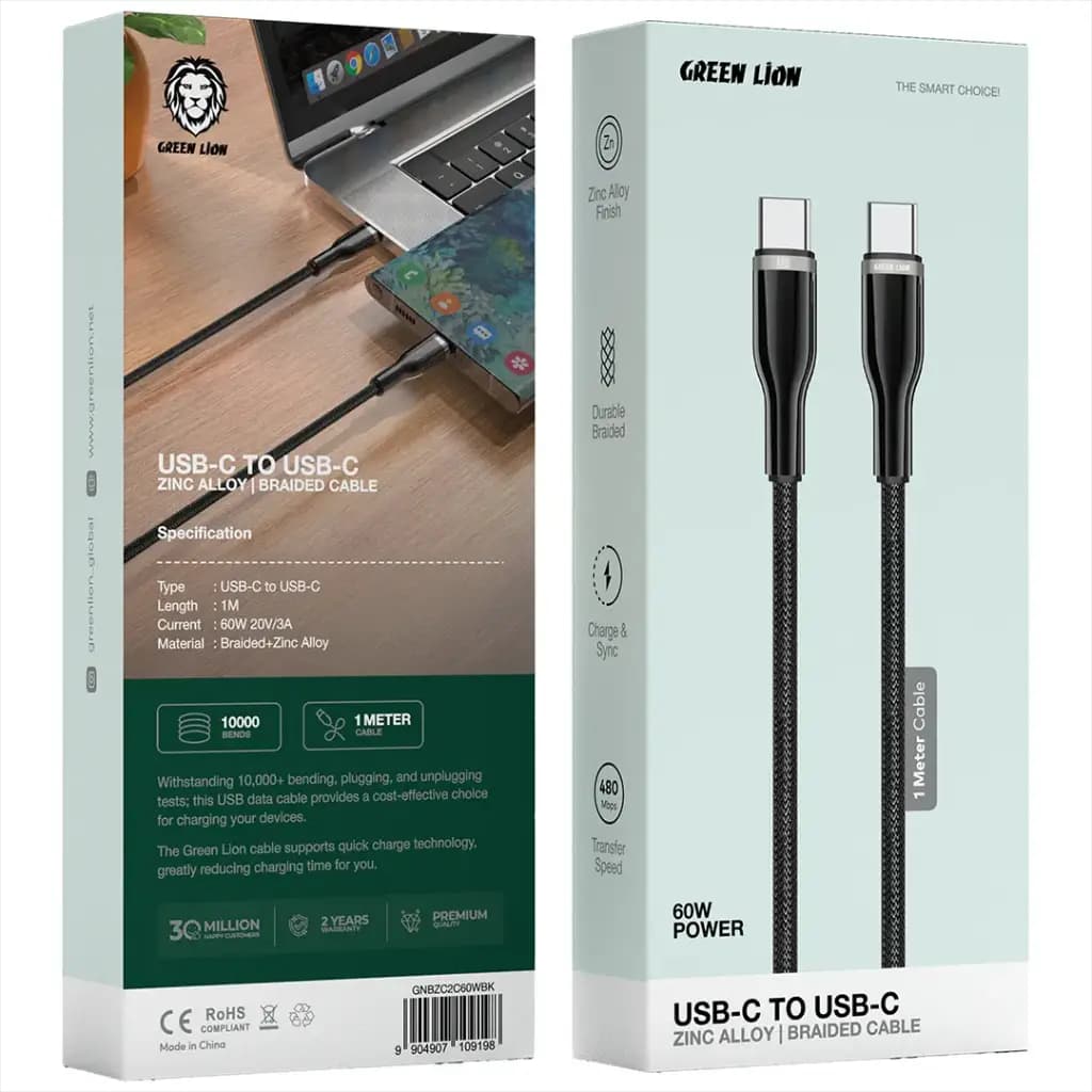 کابل تبدیل USB-C به USB-C گرین لاین مدل Braided Zinc Alloy Cable طول ۱ متر — تصویر ۳