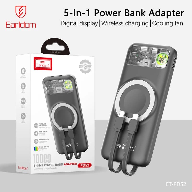 پاوربانک ارلدام مدل 5IN1 PD52 ظرفیت 10000 میلی آمپر ساعت — تصویر ۳