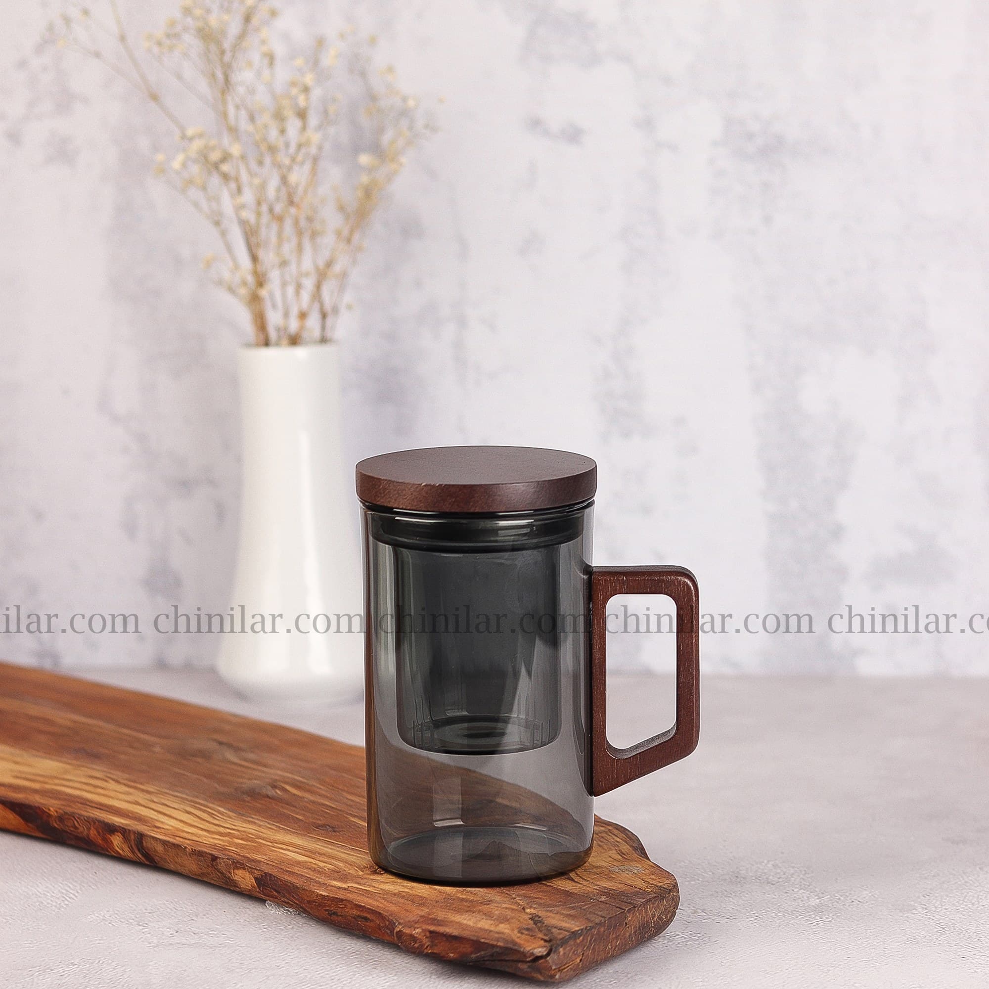 ماگ پیرکس دودی استوانه ای درب چوبی وارداتی