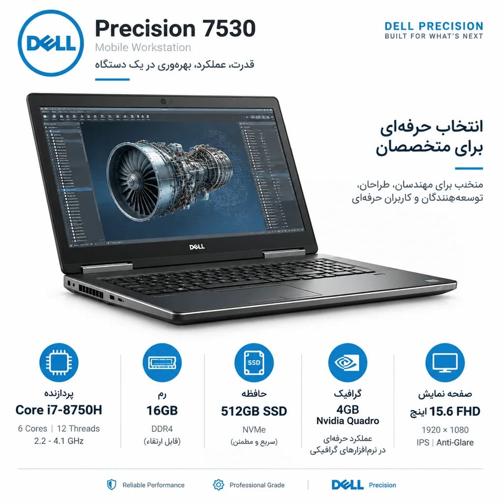 لپ تاپ استوک دل Dell Precision 7530 پردازنده Core i7-8750H گرافیک 4GB Quadro رم 16G حافظه 512G SSD — تصویر ۳