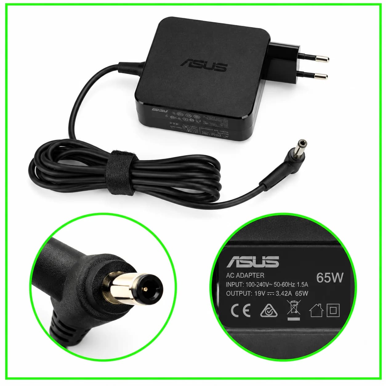شارژر اورجینال لپ‌تاپ ایسوس (Asus) ۱۹ ولت ۳.۴۲ آمپر ۶۵ وات – فیش ۵.۵*۲.۵ میلی‌متری