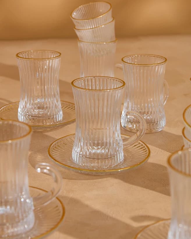 ست استکان نعلبکی لب طلایی شیاردار دلی گلس DELI GLASS