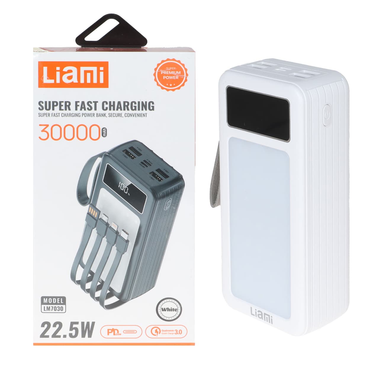 پاوربانک PD و فست شارژ Liami 30000Ah مدل LM7030 22.5W – سفید (گارانتی شش ماهه شرکتی)