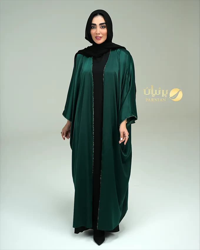 مانتو عبایی ساتن کریشه سبز کله غازی