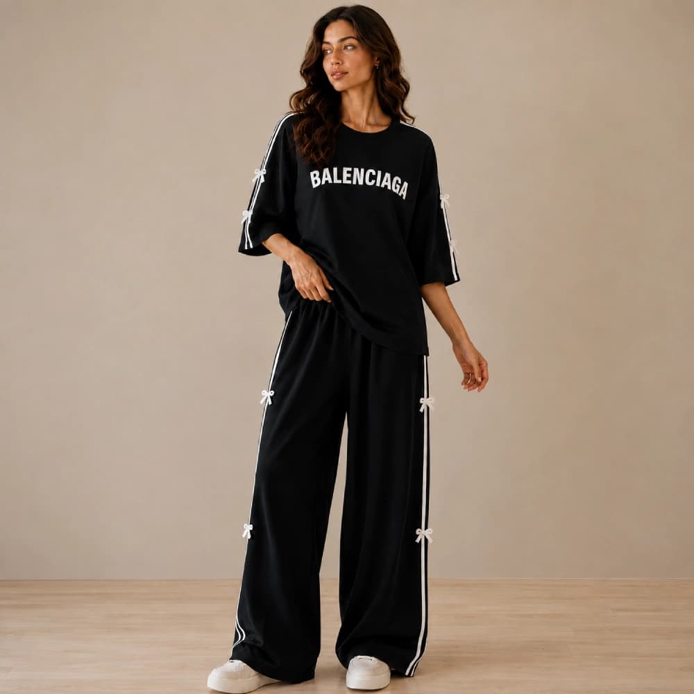 ست تیشرت و شلوار زنانه طرح Balenciaga مدل پاپیونی در 6 رنگ