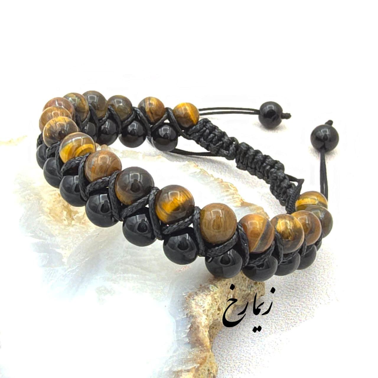 دستبند بافت دو ردیفه سنگ چشم ببر و اونیکس براق