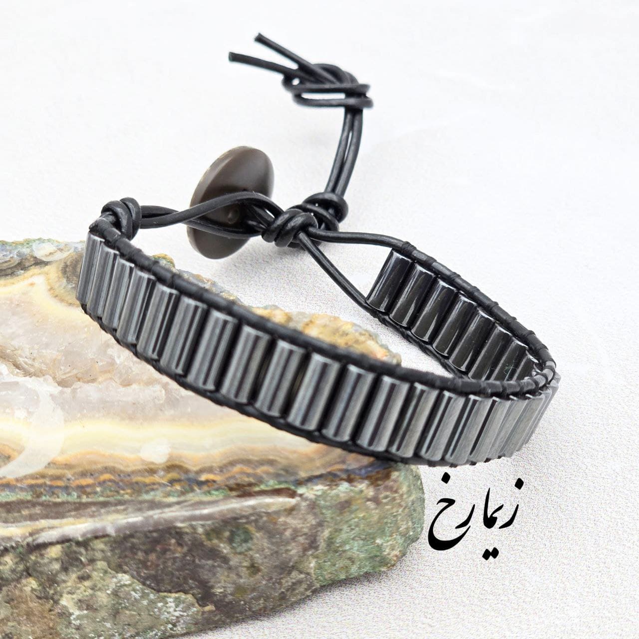 دستبند ترکیب سنگ حدید لوله ای و چرم