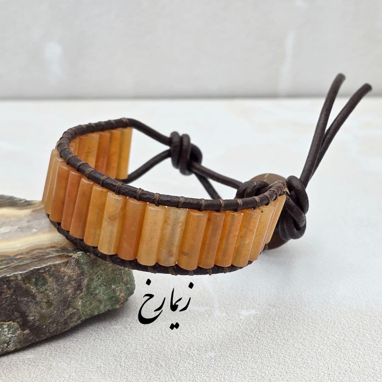 دستبند ترکیب سنگ عقیق لوله ای و چرم