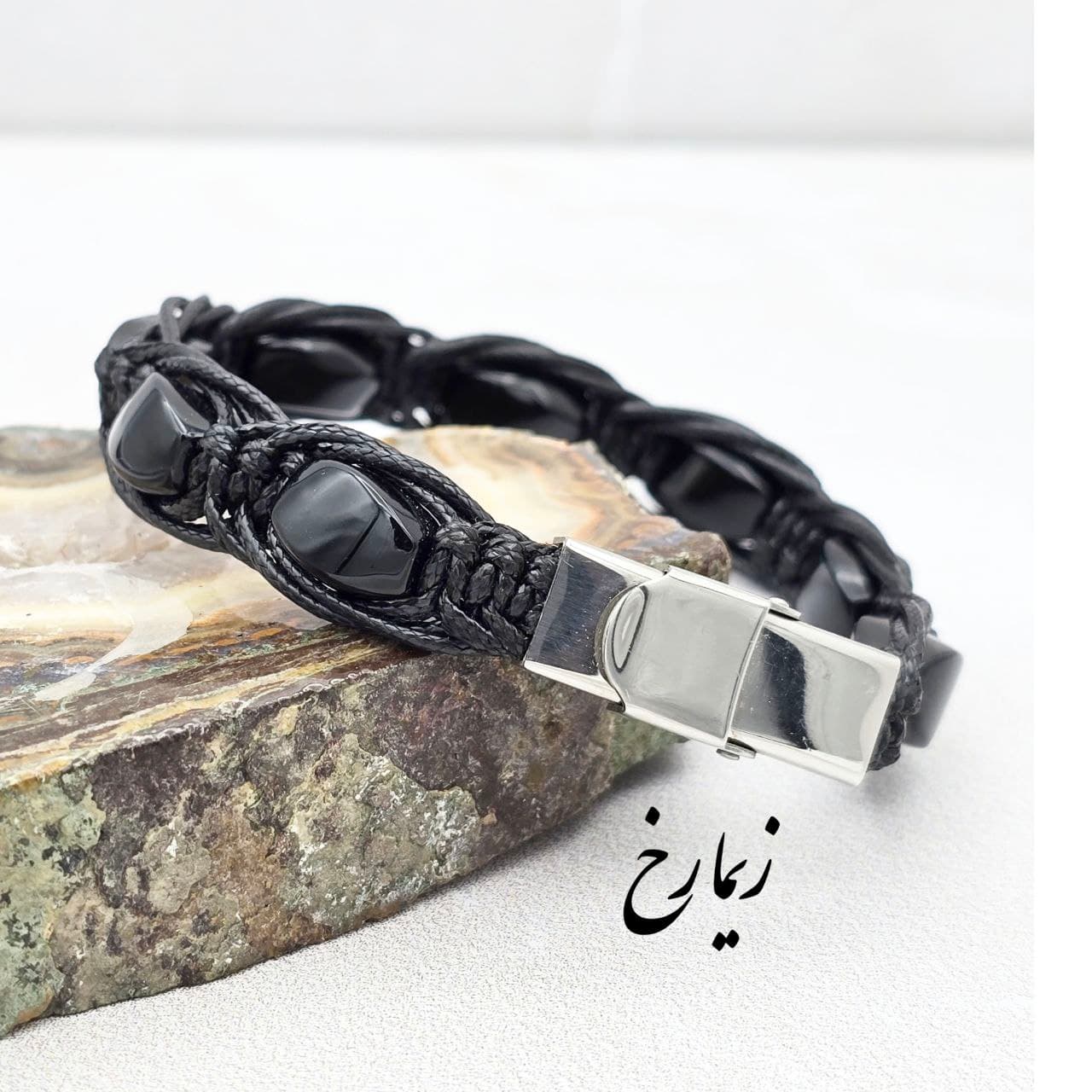 دستبند ترکیب سنگ عقیق تراش هلی و چرم بافت مصنوعی — تصویر ۴