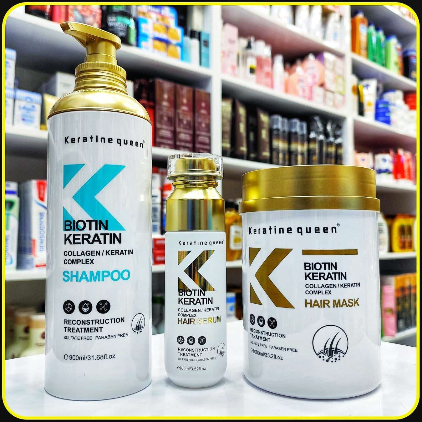 ست بیوتین کراتین کراتین کویین Keratine Queen Biotin Keratin شامل شامپو، ماسک و سرم مو
