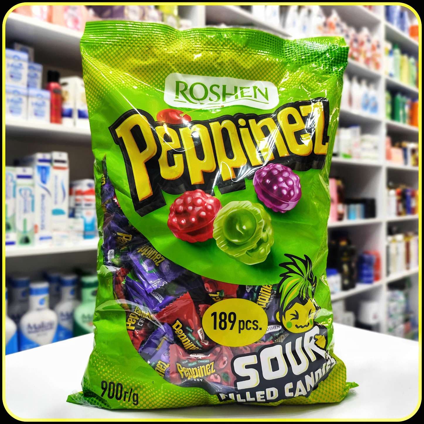 آبنبات ترش مغزدار پپینز Roshen Peppinez مدل Sour Filled Candies، بسته ۹۰۰ گرمی
