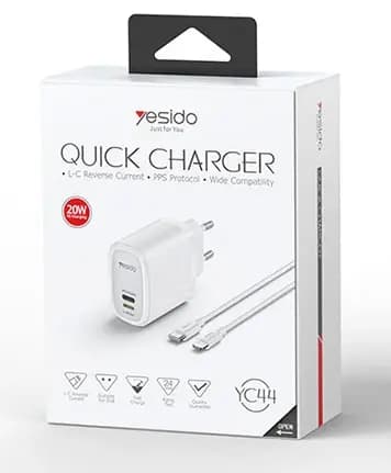 شارژر دیواری یسیدو 20 وات مدل YESIDO YC44 با کابل شارژ آیفون (دو پورت) — تصویر ۵