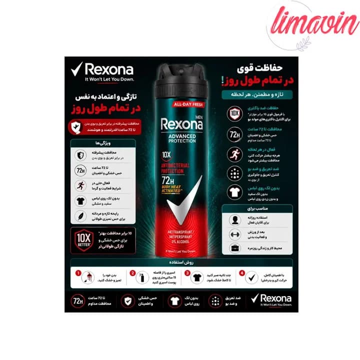 اسپری ضدتعریق مردانه رکسونا مدل Antibacterial 72H حجم 200 میلی‌لیتر — تصویر ۶