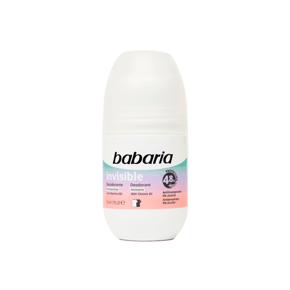 مام ضد تعریق زنانه باباریا Babaria مدل INVISIBLE حاوی ویتامین B3 با اثر کنترل تولید چربی، حجم 50ML