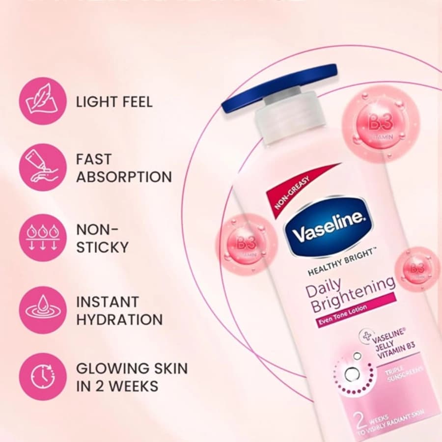لوسیون بدن وازلین Vaseline مرطوب کننده و روشن کننده سری Healthy Bright مدل Daily Brightenning، حجم 600ML — تصویر ۳