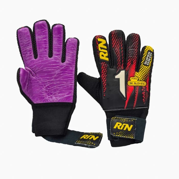 دستکش دروازهبانی پسرانه RIN (Rin Pro Super Grip) | کف چرم ضد لغزش دانهدار با پارچه تنفسی و مچبند چسبی — تصویر ۶