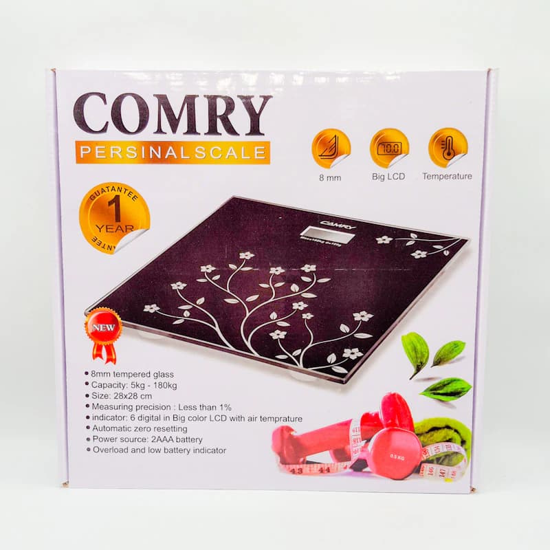 ترازو دیجیتال شیشه‌ای کامری (Comry) مدل ۸ میلی‌متری | ترازوی خانگی ۱۸۰ کیلوگرمی با دماسنج — تصویر ۲