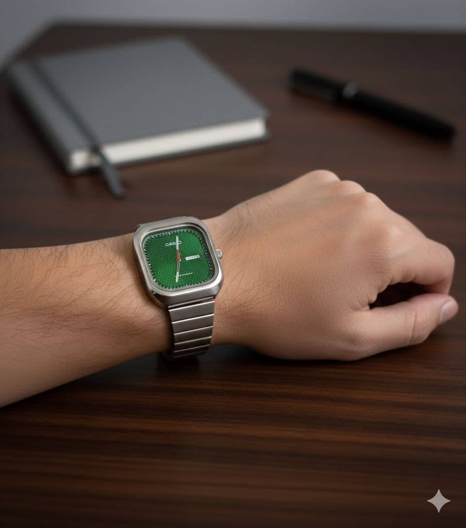 ساعت مچی کلاسیک کاسیو (Casio) – صفحه مربع/بالشی سبز و بند فلزی (نمایشگر عربی) — تصویر ۴