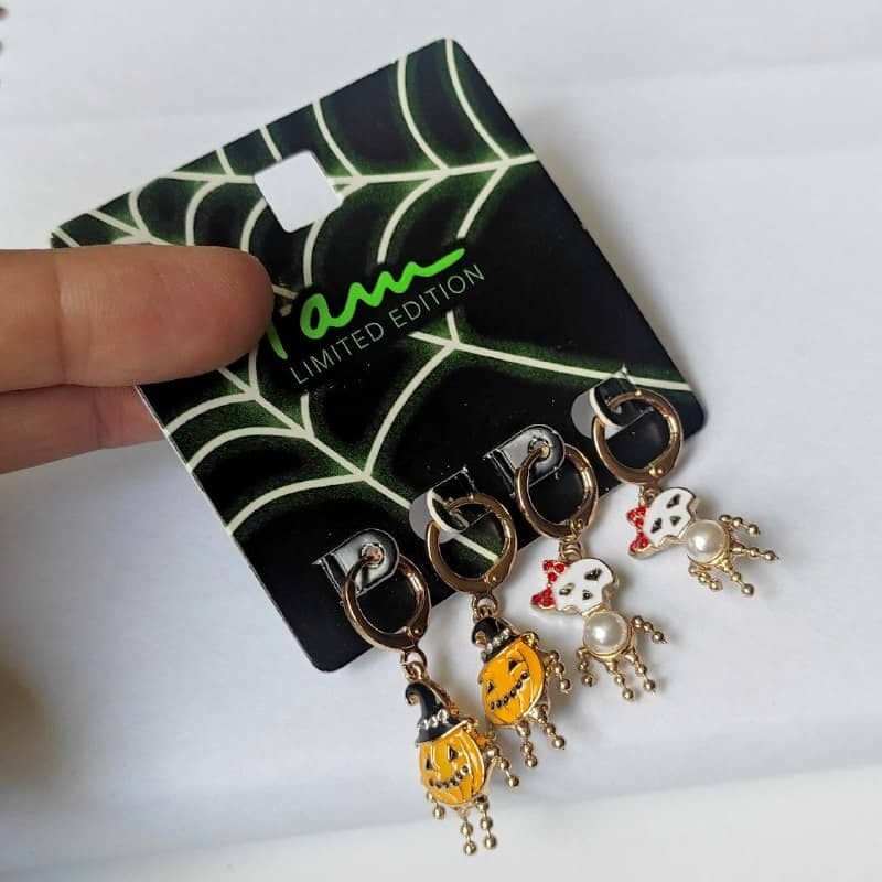ست ۲ تایی گوشواره آویز هالووین (کدو تنبل جک فانوس و شبح) – آبکاری طلا (Limited Edition) — تصویر ۴