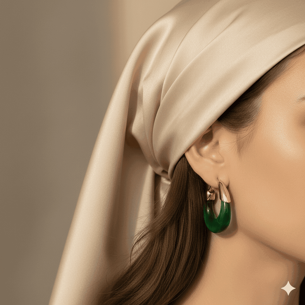 گوشواره حلقه‌ای قفل میخی بزرگ طلایی با نگین سبز زرمیس برند تاش آلمانی اصل