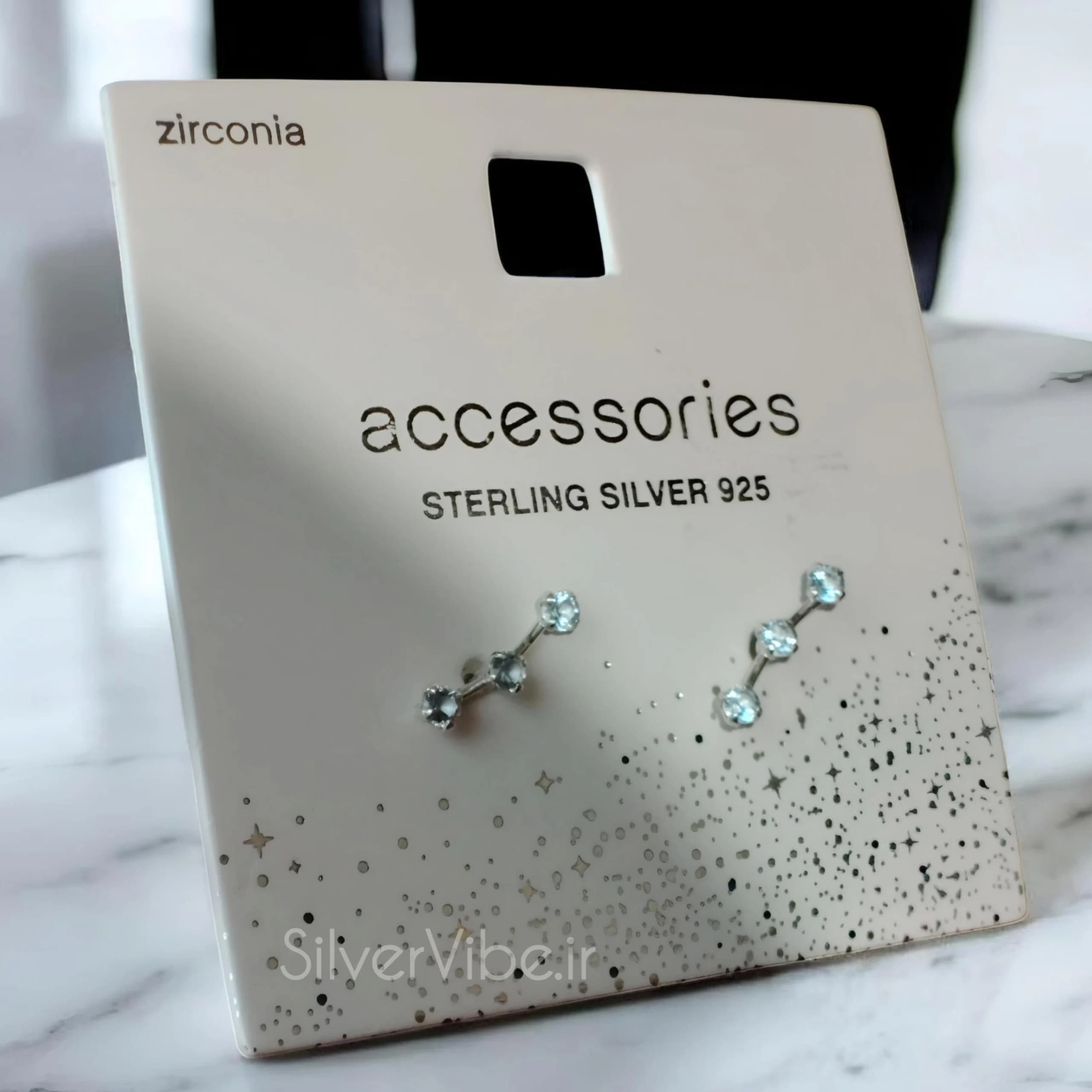گوشواره نقره سه نگینی | نگین آبی | برند accessories