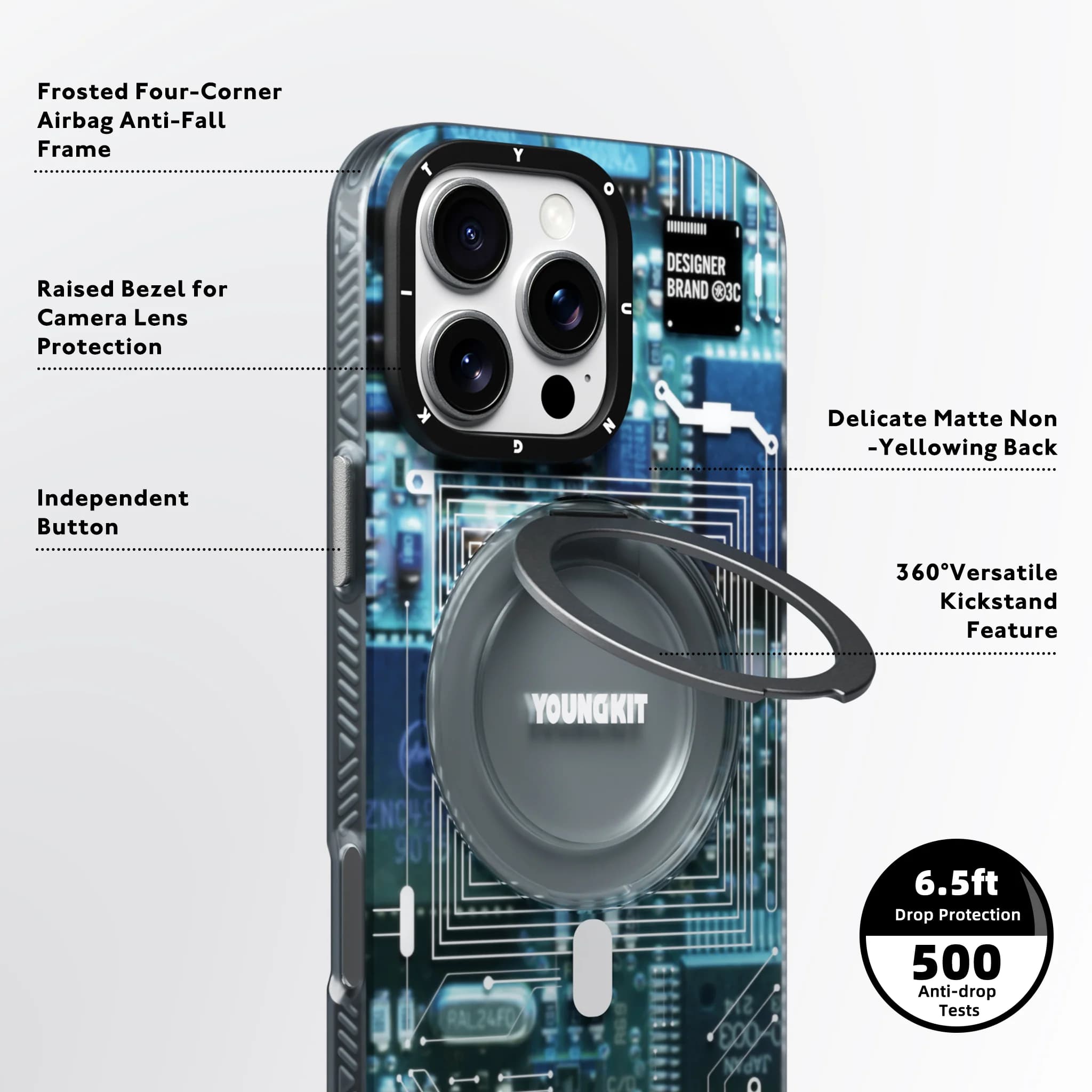 قاب آیفون از برند یانگ کیت / YoungKit مدل تکنولوژی استند دار / Technology 360° رنگ Blue — تصویر ۴