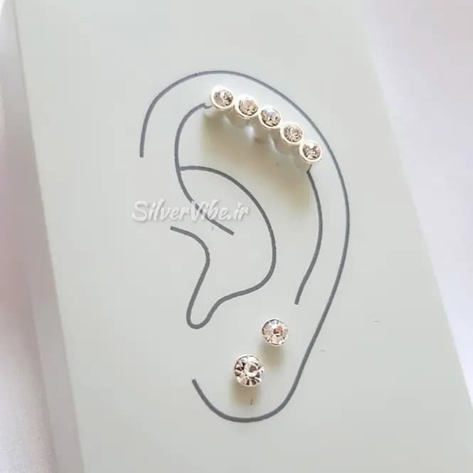 پک دو گوشواره تک نقره و پیرسینگ 5 نگین نقره زنانه