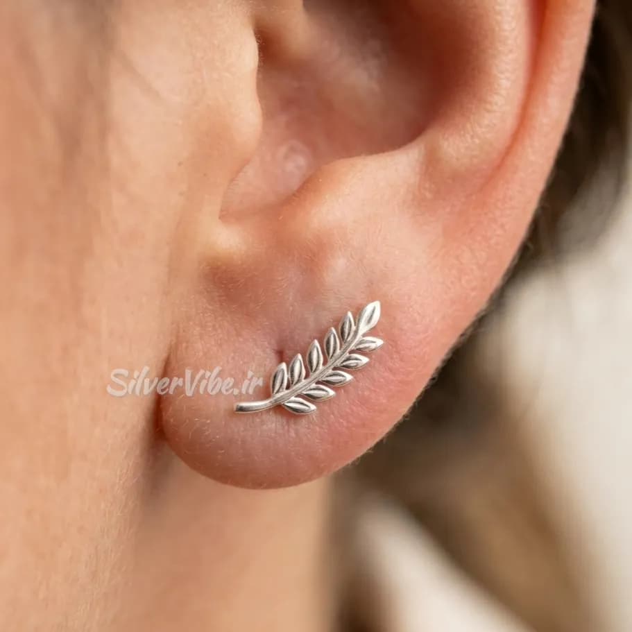 گوشواره تک نقره زنانه مدل کلایمبر طرح برگ