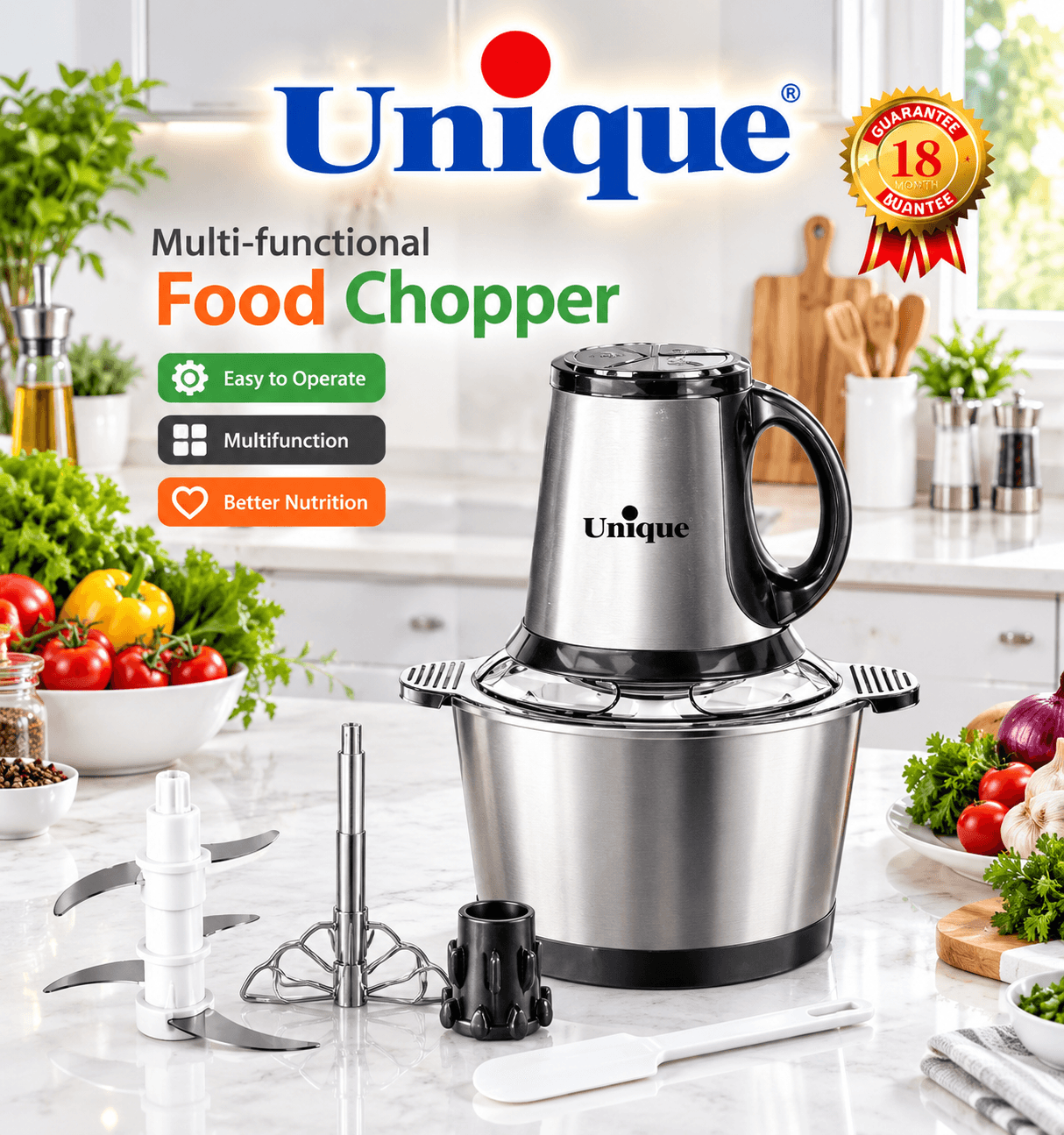 خردکن چندکاره یونیک Unique مدل DAVID3L ظرفیت 3 لیتر توان 1500 وات — تصویر ۲