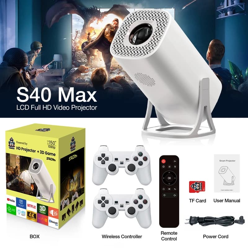 ویدیو پرژکتور گیمینگ همراه با دو دسته مدل s40 max با کیفیت UHD و شدت 8000 لومن